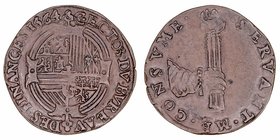 Felipe II
Jetón. AE. 1564. Oficina de finanzas. El escudo de Felipe II ornamentado. Una mano que sostiene una antorcha encendida SERVANT · ME · CONSV...