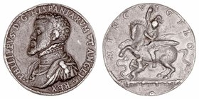 Felipe II
Medalla. Plomo fundido antiguo. HINC VIGILO. Belerofonte cabalgando en Pegaso y alanceando a Quimera. Felipe II como rey de Inglaterra y en...