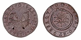 Alberto e Isabel
Jetón. AE. Amberes. 1614. Dos ligeras incisiones en anverso, por lo demás buen ejemplar. 4.88g. Dugn 3709. Muy escasa. (MBC).