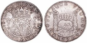 Carlos III
8 Reales. AR. Méjico MF. 1770. Tipo columnario. Canto reparado y liso. 25.19g. Cal.910. (BC+).