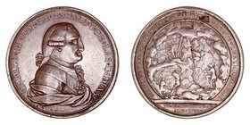 Carlos IV
Medalla. AE. Guanajuato. 1790. Los Mineros de Guanajuato a Carlos IV. G[erónimo] A[ntonio] Gil. Hojita en reverso. 43.80g. 47.00mm. H.144. ...