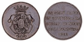 Isabel II
Medalla. AE. 1862. Visita Real a la ciudad de Jerez de la Frontera. Golpecitos en canto. 6.17g. 23.00mm. VQ.14358. MBC.