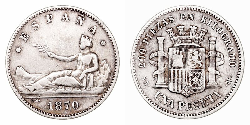 Gobierno Provisional
Peseta. AR. 1870 *18-70 SNM. Estrellas no visibles. 4.86g....