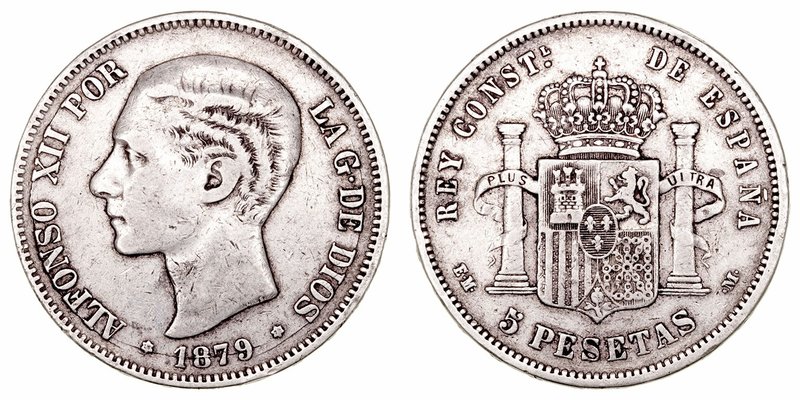 Alfonso XII
5 Pesetas. AR. 1879 *18-79 EMM. 24.65g. Cal.31. Algo sucio. MBC-.