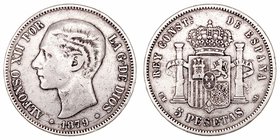 Alfonso XII
5 Pesetas. AR. 1879 *18-79 EMM. 24.65g. Cal.31. Algo sucio. MBC-.