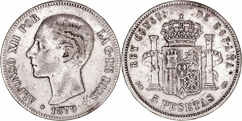 Alfonso XII
5 Pesetas. AR. 1879 EMM. 24.68g. Cal.31. Estrellas no visibles. Esc...