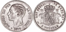 Alfonso XII
5 Pesetas. AR. 1879 EMM. 24.68g. Cal.31. Estrellas no visibles. Escasa. BC.