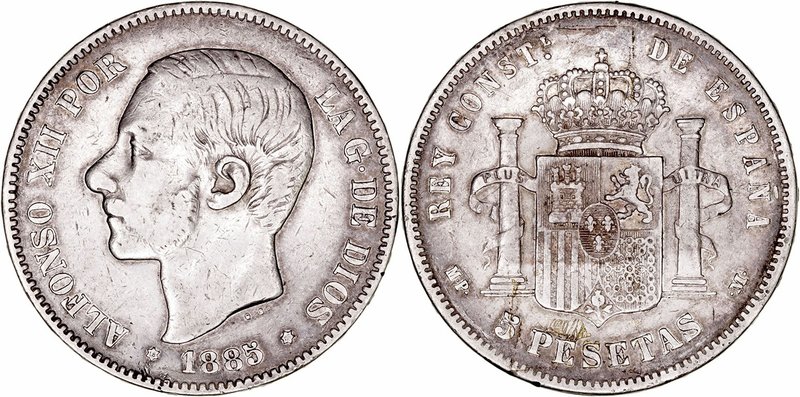 Alfonso XII
5 Pesetas. AR. 1885 *18-87 MPM. 24.64g. Cal.43. Segunda estrella al...