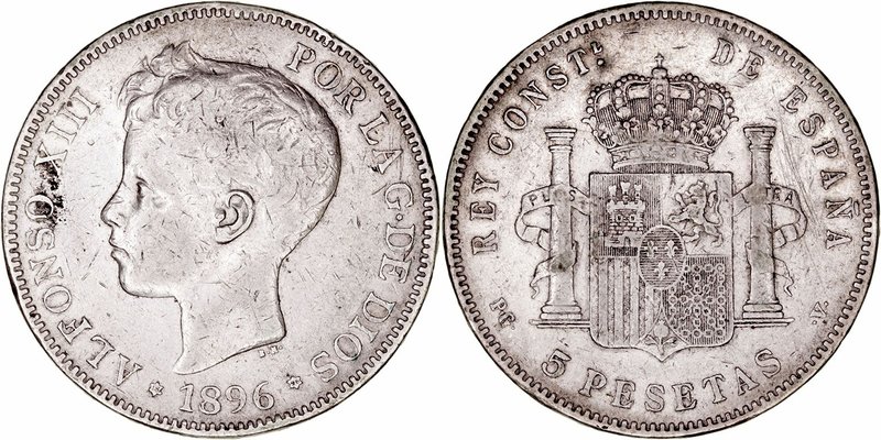 Alfonso XIII
5 Pesetas. AR. 1896 *18-96 PGV. 24.85g. Cal.25. Rayitas. BC.