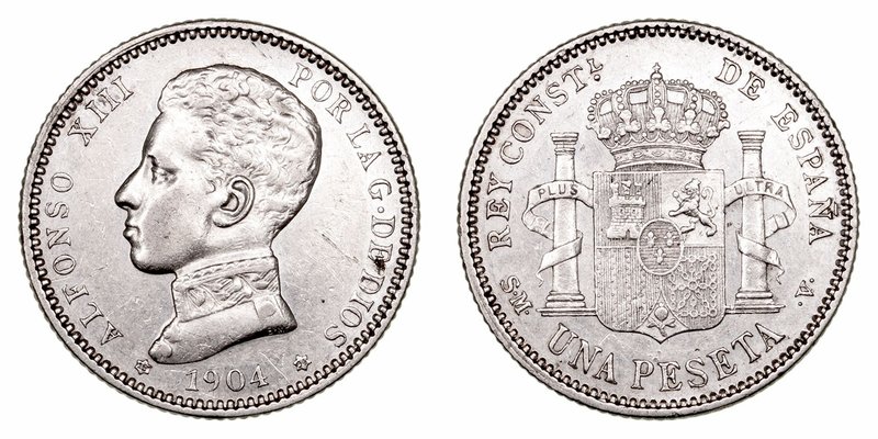 Alfonso XIII
Peseta. AR. 1904 *19-04 SMV. Rayitas. 5.01g. Cal.50. (MBC+/EBC-).