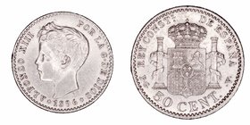 Alfonso XIII
50 Céntimos. AR. 1896 *9-6 PGV. 2.46g. Cal.59. Escasa. MBC.