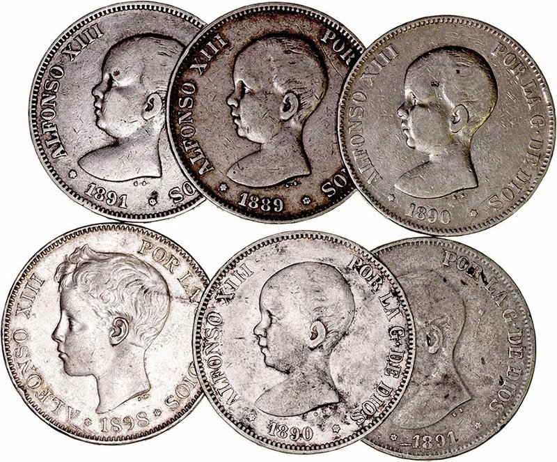 Alfonso XIII
5 Pesetas. AR. Lote de 6 monedas. 1889, 1890 MPM, 1890 PGM, 1891, ...