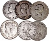 Alfonso XIII
5 Pesetas. AR. Lote de 6 monedas. 1889, 1890 MPM, 1890 PGM, 1891, 1891 (falso de época) y 1898. MBC a BC.
