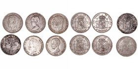 Lotes de Conjunto
5 Pesetas. AR. Lote de 6 monedas. 1871, 1885, 1890 (MPM y PGM), 1892 bucles y 1898. BC-.