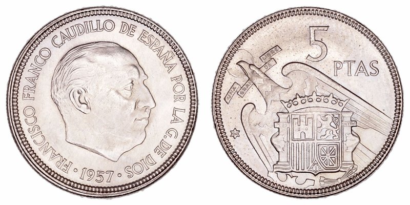 Estado Español
5 Pesetas. Cuproníquel. 1957 *64. PLUS-ULTRA. 5.68g. Cal.55. SC....