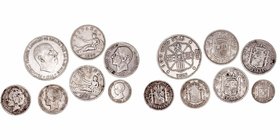 Lotes de Conjunto
AR. Lote de 7 monedas. 50 Céntimos 1892, Peseta 1894 y 1901, 2 Pesetas 1870 (2) y 1882, 100 Pesetas 1966. MBC a RC.
