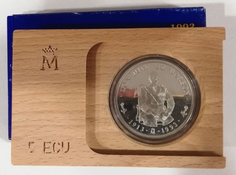 Juan Carlos I
5 Ecu. AR. 1993. Homenaje a Don Juan (1913-1993). En estuche indi...