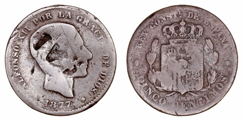 Fichas, resellos y curiosidades
5 Céntimos. AE. 1877. Resello FAI sobre el bust...