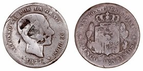 Fichas, resellos y curiosidades
5 Céntimos. AE. 1877. Resello FAI sobre el busto. Interesante. (BC-).