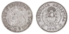 Argentina 
20 Centavos. AR. 1833/2. 4.93g. KM.27. Tonalidad del tiempo. EBC-.