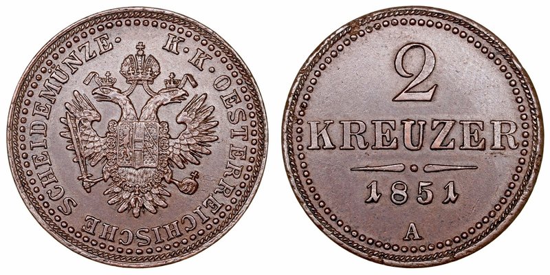 Austria 
2 Kreuzer. AE. 1851 A. 10.60g. KM.2189. MBC+.