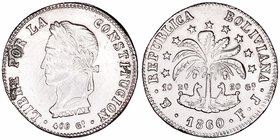 Bolivia 
8 Soles. AR. Potosí. 1860 FJ. Rebaba de restos de soldadura en anverso. 19.78g. KM.138.6. (MBC/MBC+).