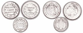 Bolivia 
AR. Lote de 3 monedas. 10 Centavos 1871 y 20 Centavos 1880 y 1887. MBC- a BC+.