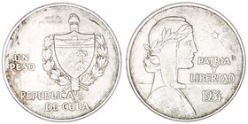 Cuba 
Peso. AR. 1934. Algo sucia. 26.81g. KM.22. (MBC-).