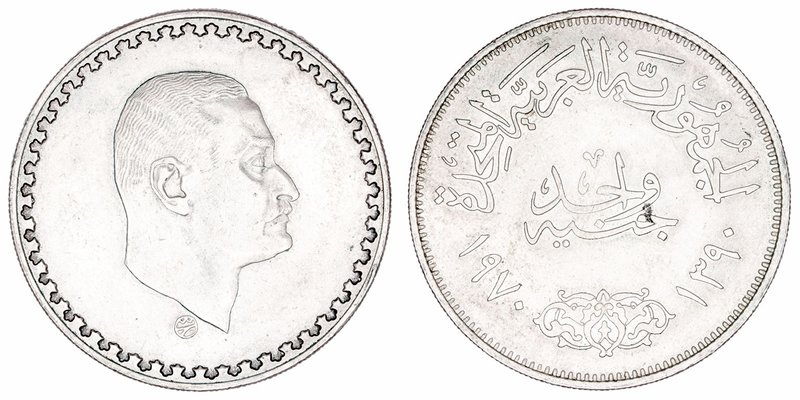 Egipto 
Libra. AR. 1390 H. (1970). Presidente Nasser. Suave pátina. 24.83g. KM....