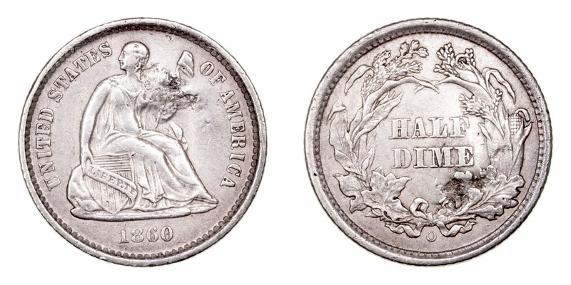 Estados Unidos 
1/2 Dime. AR. 1860 O. Hojita en anverso y reverso. 1.25g. KM.91...