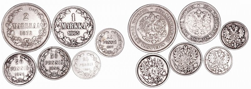 Finlandia 
AR. Lote de 6 monedas. 25 Pennia 1894 y 1897, 50 Pennia 1890 y 1892,...