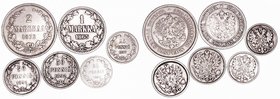 Finlandia 
AR. Lote de 6 monedas. 25 Pennia 1894 y 1897, 50 Pennia 1890 y 1892, Markaa 1865 y 2 Markaa 1872. MBC- a BC.