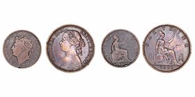 Gran Bretaña 
AE. Lote de 2 monedas. 1/3 Farthing 1827 y Farthing 1881. MBC- a BC.