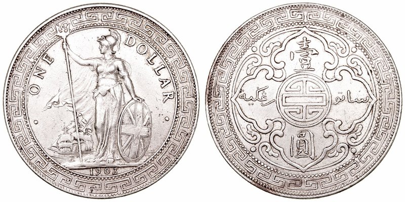 Gran Bretaña 
Dólar de Comercio. AR. 1903. Suave pátina. 26.94g. KM.T5. MBC/MBC...