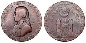 Gran Bretaña 
Token. AE. 1794. Hampshire, Portsmouth (1/2 Penny). John Howard. 9.30g. D&H.55. Escasa. BC.