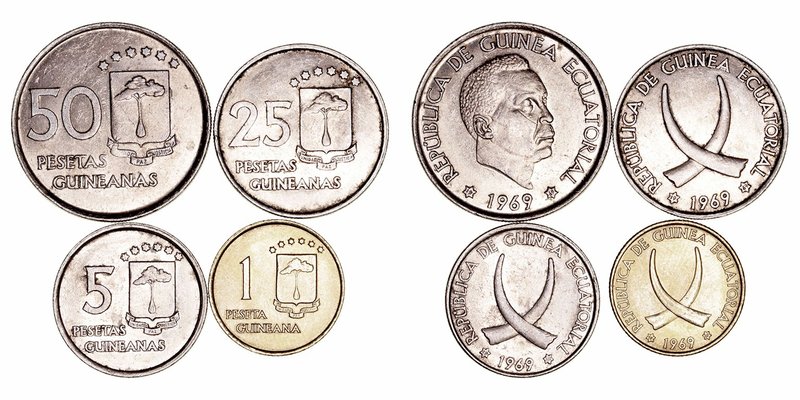 Guinea Ecuatorial 
AE. 1969. Lote de 4 valores. 1, 5, 25 y 50 Pesetas guineanas...