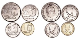 Guinea Ecuatorial 
AE. 1969. Lote de 4 valores. 1, 5, 25 y 50 Pesetas guineanas. EBC a MBC-.