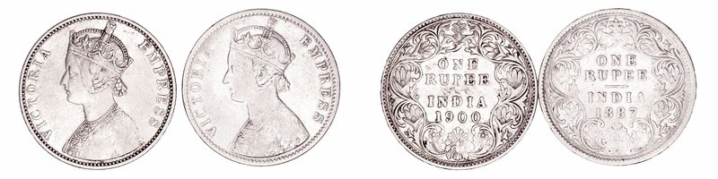 India Británica Victoria
Rupia. AR. Lote de 2 monedas. 1887 y 1900. KM.492. MBC...