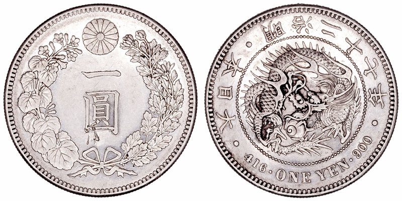 Japón 
Yen. AR. Año 27 (1894). Marca en reverso. 26.89g. Y.A25.3. EBC/EBC-.