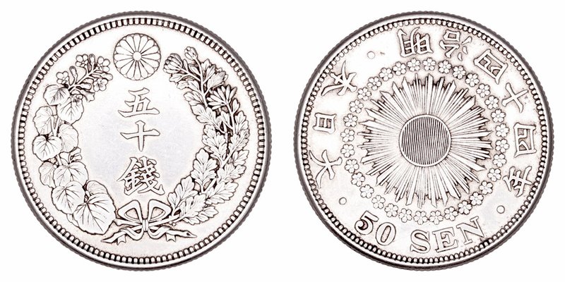 Japón 
50 Sen. AR. Año 44 (1911). 10.10g. Y.31. MBC+.