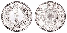 Japón 
50 Sen. AR. Año 44 (1911). 10.10g. Y.31. MBC+.