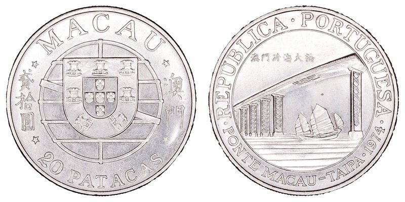 Macao 
20 Patacas. AR. 1974. Puente Macao-Taipei. 17.95g. KM.8. MBC+/EBC-.