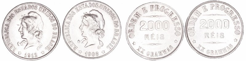 Portugal 
200 Reis. AR. Lote de 2 monedas. 1908 y 1912. KM.508. MBC-.