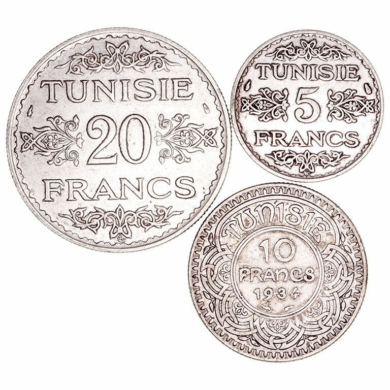 Túnez 
AR. Lote de 3 monedas. 5 Francos 1936, 10 Francos 1934 y 20 Francos 1934...