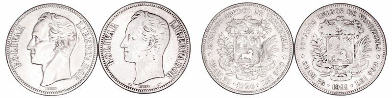 Venezuela 
5 Bolívares. AR. Lote de 2 monedas. 1911 y 1936. Y.24.2. MBC a MBC-....