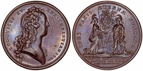 Luis XV
Medalla. AE. París. (1727). Tratado de Paz con España. Grabador Vivier (acuñación del siglo XIX). Rayitas en anverso. 33.32g. 40.00mm. EBC....