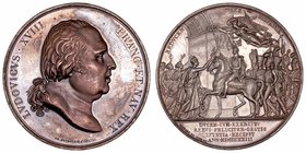 Luis XVIII
Medalla. AE. 1828. Restauración del absolutismo en España. Los Cien Mil Hijos de San Luis son recibidos por cuatro matronas que ofrecen la...