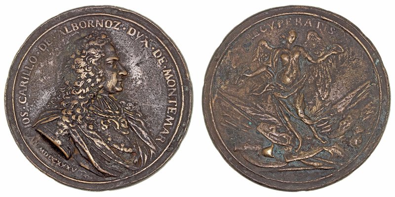Medalla. AE. (1735). José Carrillo de Albornoz, Duque de Montemar. Victoria con ...