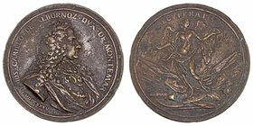 Medalla. AE. (1735). José Carrillo de Albornoz, Duque de Montemar. Victoria con las coronas española, milanesa y napolitana hollando trofeos militares...