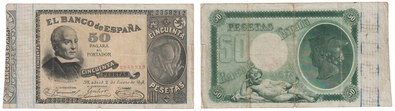 Banco de España
50 Pesetas. 2 enero 1898. Jovellanos. ED.304. Doblado en cuatro...
